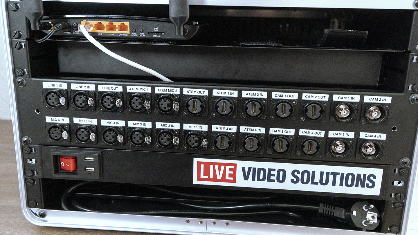 Aansluitingen HDMI, XLR en SDI op Live stream kast achterzijde